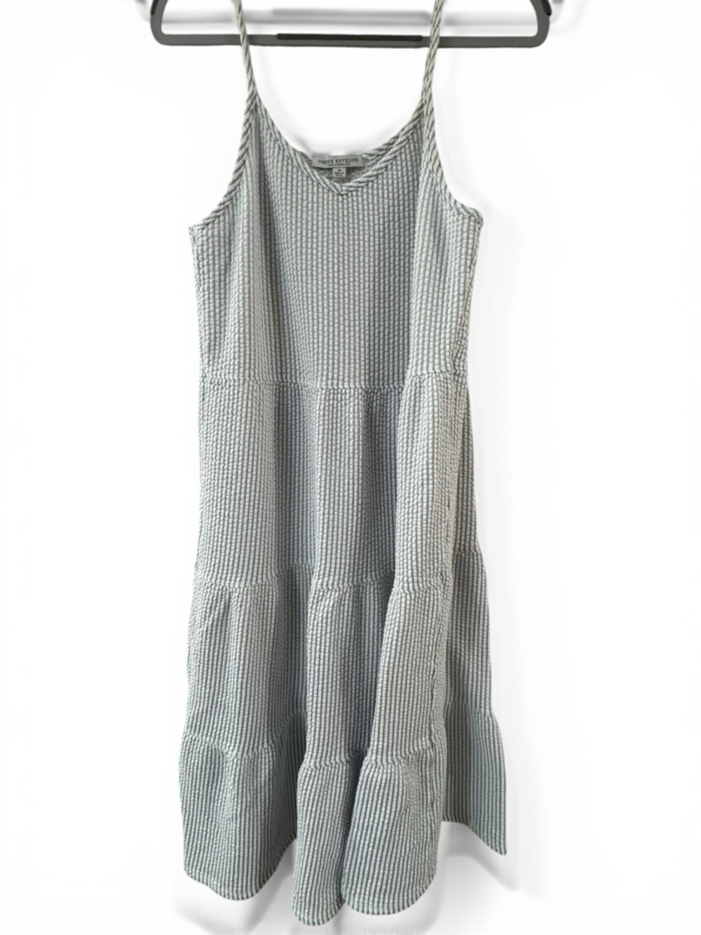 Green Envelope Los Angeles Blue White Seersucker Tiered Midi Dress Womens Medium